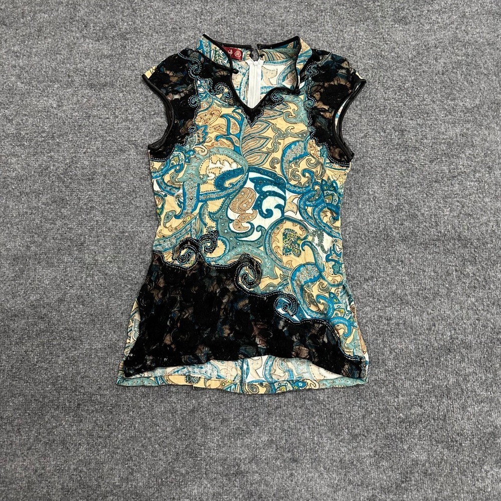 Dashanghai Top Womens Size S Blue Paisley Black Lace Mandarin Collar Sleeveless